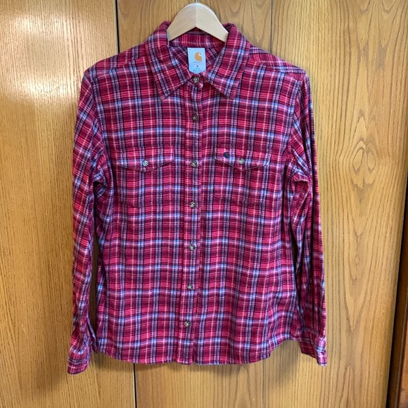 ✨Carhartt Pink Striped Flannel Button Down‎ Long Sleeve Women's Size Medium - Picture 1 of 7